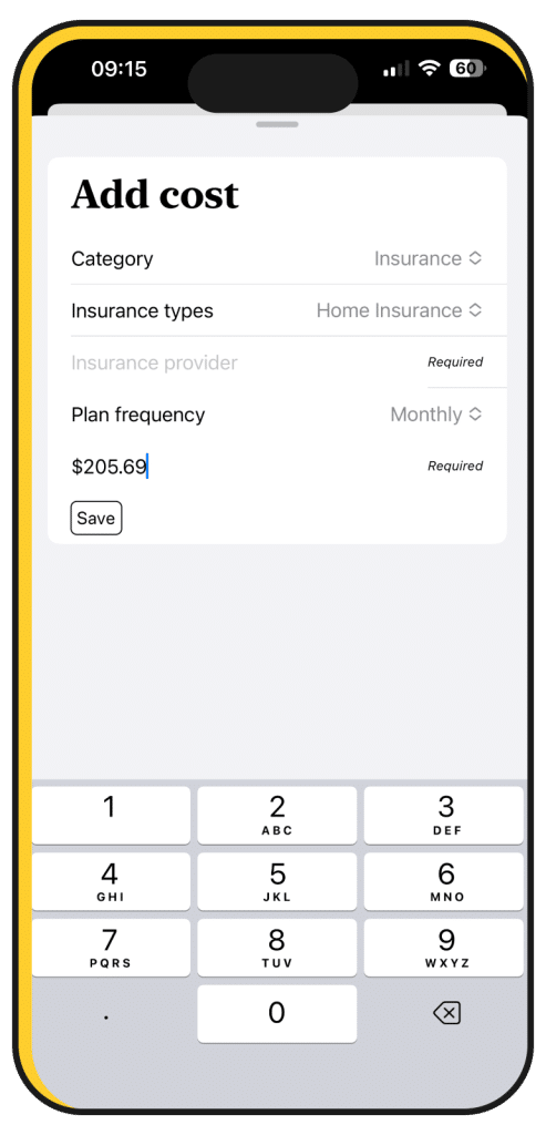 Insurance costs in the simplsaver budget app