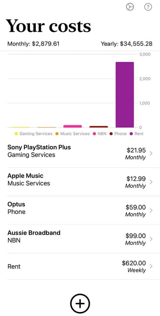 Costs screen with a rental cost